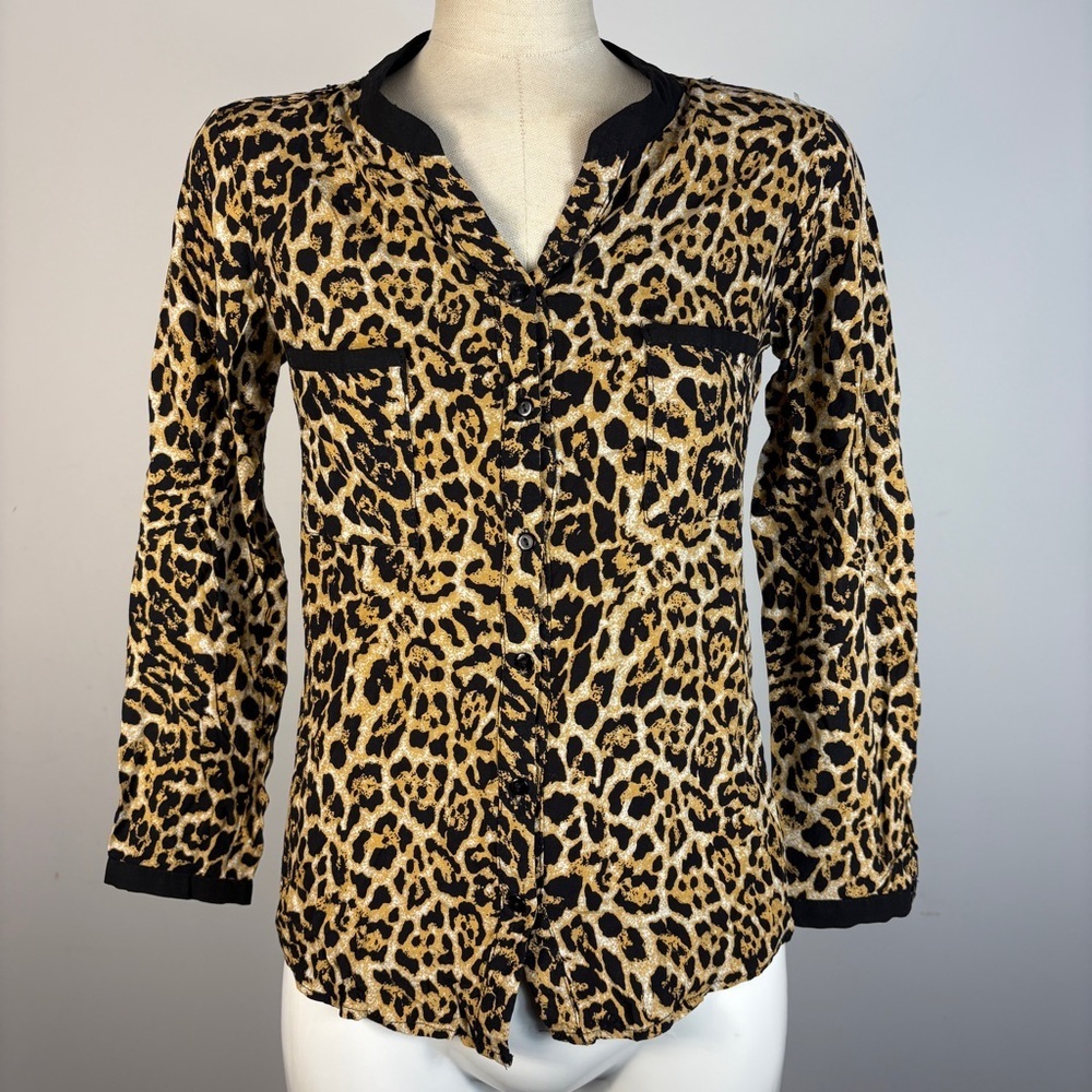 Zara Leopard Print Utility Blouse Black Trim Pockets Button Down M